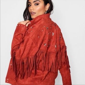 ISO BooHoo Faye suedette faux suede fringe jacket with star embellishments